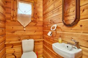 a bathroom with wooden walls and a toilet and a sink at Chalet le Serac in Gresse-en-Vercors +24 photos