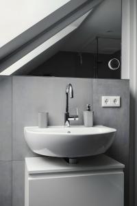 a bathroom with a sink and a mirror at Ferienwohnung Habichthorst in Naumburg +11 photos