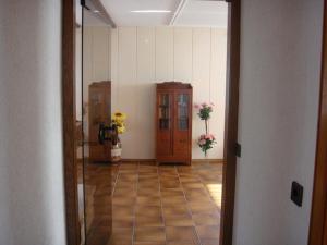 a hallway with a mirror and flowers in a room at Ferienwohnung Sprang in Steinen