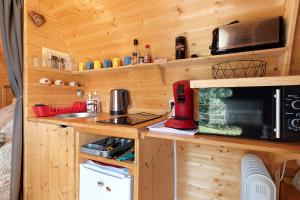 a kitchen in a tiny house with a microwave at Cabane Perce Neige - Gavarnie in Gèdre