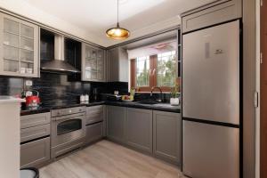 a kitchen with stainless steel appliances and a refrigerator at Villa Logas Hill in Peroulades +37 photos