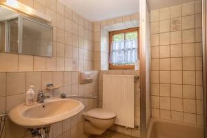 a bathroom with a sink and a toilet and a mirror at Ferienwohnung Achraintal 4 in Lindau