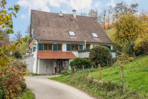 a house on a hill next to a dirt road at Ferienwohnung Achraintal 4 in Lindau