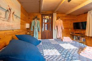 a bedroom with a bed with blue pillows and clothes at Eco Chalet - Terrasses et sauna in Sospel