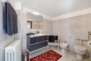 a bathroom with a sink and a toilet and a mirror at Crotto Palma in Dongo