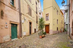 an alley in an old town with a potted plant at Romeo e Giulietta Rooms in Bosa
