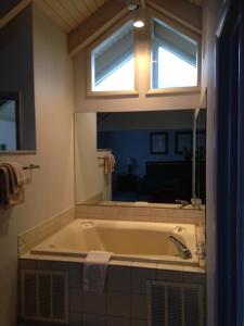 baño con bañera y espejo grande en Eagle Village Resort & Chalet, en Bushkill