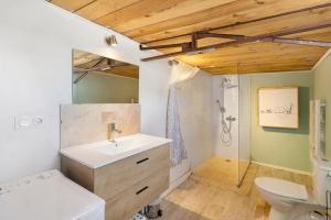 a bathroom with a sink and a toilet and a shower at Chalet de Ferme - Spa - Gironde in Les Églisottes-et-Chalaures +22 photos