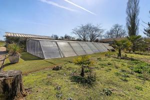 a greenhouse in a yard with trees and plants at Chalet de Ferme - Spa - Gironde in Les Églisottes-et-Chalaures