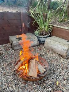 a fire in a bowl on the ground with logs at The Lodge Blackheath in Blackheath