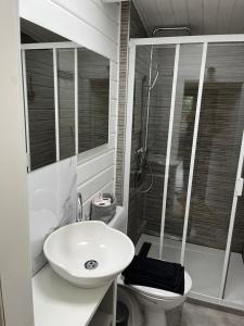 a bathroom with a sink and a toilet and a shower at Le Numéro 12 - Chalet à Francorchamps in Malmedy +37 photos