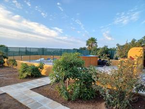 a backyard with a pool and trees and a fence at Casa Quemahierro 2 in Icod de los Vinos