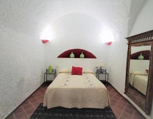 a bedroom with a large bed with a mirror at Los Cerezos in Benalúa de Guadix
