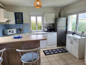 a kitchen with a counter and a refrigerator at La Maison Du Rivage in Bretteville-sur-Ay