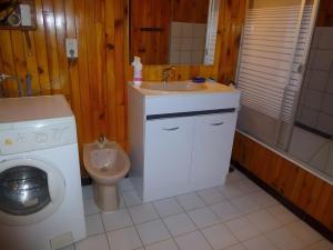 a bathroom with a toilet and a sink and a washing machine at Gîte Paysan La Grange in Montrond +10 photos