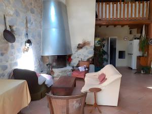 a living room with a couch and a fireplace at Gîte Paysan La Grange in Montrond