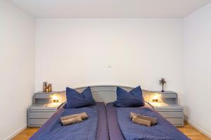 a bedroom with a large bed with blue pillows at Zum weißen Roß in Hausen