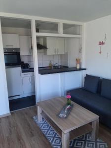 a living room with a table and a kitchen at Am Dorfweiher in Tettnang +11 photos
