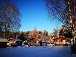 a group of wooden cabins in the snow at Steinvik Camping in Moelv