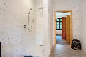 a bathroom with a walk in shower and a glass door at Ferienhaus Dorfidyll in Bugewitz +24 photos