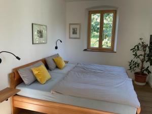 a bedroom with a bed with yellow pillows and a window at Zauberhaftes Franken erleben in Gräfendorf