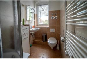 a bathroom with a toilet and a sink at Moderne Ferienwohnung in der Stadt in Forst +2 photos