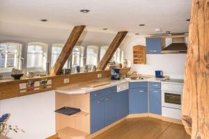 a large kitchen with blue cabinets and windows at Ferienwohnung Am Heideborn in Großschönau