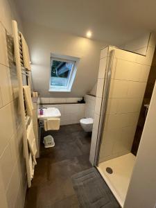 ein kleines Badezimmer mit Dusche und Toilette in der Unterkunft Seeterrasse in Versmold + 4 Fotos
