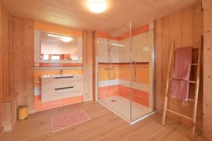 a bathroom with a shower and a sink at Appartement dans le Chalet l'Albert in Manigod