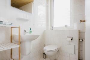 a white bathroom with a toilet and a sink at Ferienwohnung Emma in Güntersberge +27 photos