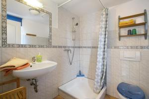 a bathroom with a sink and a shower and a toilet at Apartment Eulenhof 2 in Bordelum +14 photos