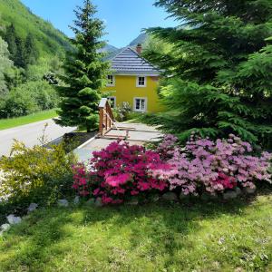 a yellow house with pink flowers in the yard at Haus Maria in Todtnau