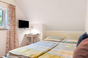 a bedroom with a bed and a tv and a window at Kleines Zimmer am See in Bodman-Ludwigshafen