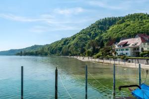 a view of a river with a house on the shore at Kleines Zimmer am See in Bodman-Ludwigshafen