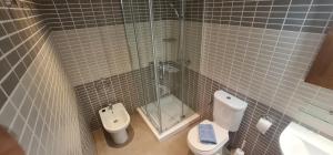 a bathroom with a shower and a toilet and a sink at Apartamento La Palma Corralejo in Corralejo +8 photos