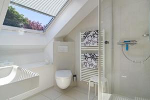 a bathroom with a shower and a toilet and a sink at Ferienwohnungen Riedel in Immenstaad am Bodensee +52 photos