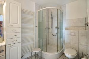 a bathroom with a shower and a toilet at Reinhards Ferienwohnung in Greifswald +12 photos