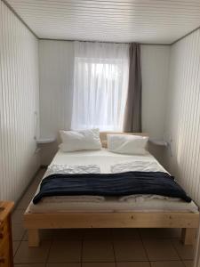 a bed in a small room with a window at Bunte Ferienhaussiedlung in Rheinsberg