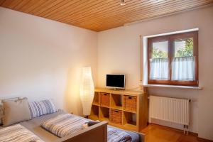 a bedroom with a bed and a television and a window at Auszeit Brunner in Bad Tölz