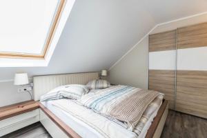 a bedroom with a bed with a skylight at Uhse Wohlfühloase in Heide