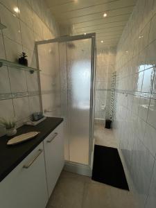 a bathroom with a shower with a glass door at Ruhige Ferienwohnung Zeithain in Zeithain +33 photos