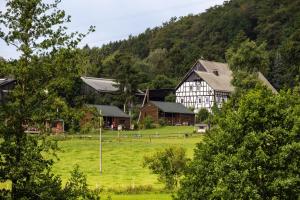 a group of buildings in a field with trees at Hof Keppel, der stromlose Urlaub in Schmallenberg