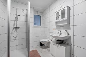 a bathroom with a shower and a sink and a toilet at Ferienwohnung Am Theaterplatz in Gera +15 photos