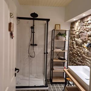 a shower in a bathroom with a glass shower stall at Auszeit Rheingauer Rosengarten in Geisenheim +49 photos