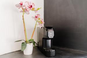 a coffee machine and a vase with flowers next to it at Suite Black and White in Otranto