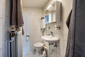 a small bathroom with a toilet and a sink at Ferienwohnung Carstens in Itzehoe +14 photos