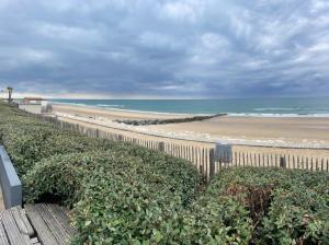 a beach with a wooden fence and the ocean at La Cabane des P’tits chiffon in Lacanau