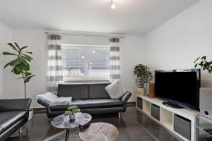 a living room with a couch and a flat screen tv at Fewo Am Otterbach in Jockgrim