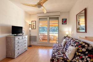 a living room with a couch and a tv at Studio Sanary in Sanary-sur-Mer