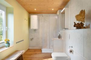 a bathroom with a toilet and a shower at Ferienhaus Im Teichland Linum in Fehrbellin +19 photos